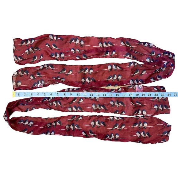Pair Lightweight Bird Print Scarf, Maroon, Fashion Scarf, Hair Tie, Summer Wrap - Picture 7 of 7